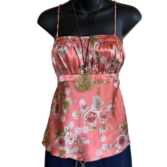 VINTAGE Self Esteem Y2K Floral Satin Cami Pink Rose Print Adjustable Straps - Picture 1 of 7